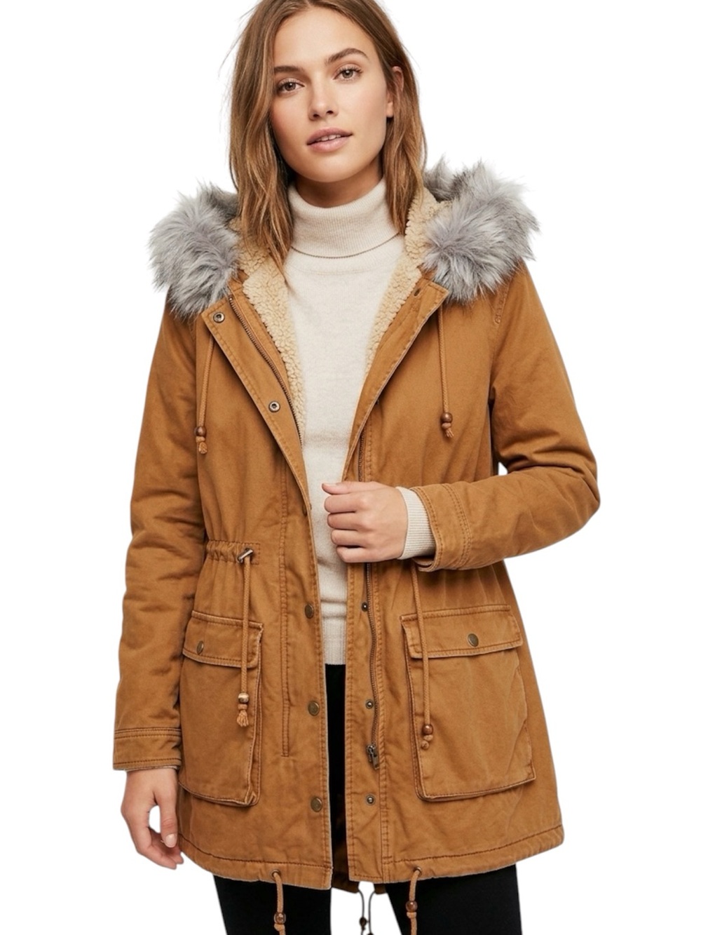 Free People Tan Utility Parka with Faux Fur Trim